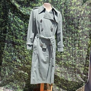 Vintage London Fog Trench Coat Sage Green Belted Long Rain Coat Petite 12 USA